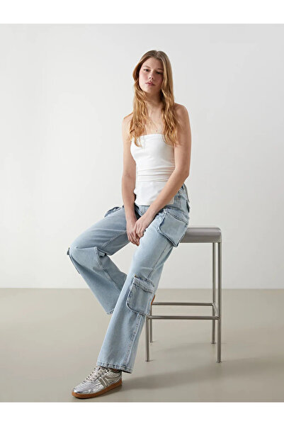 LC Waikiki Blue Wideleg Women's Cargo Jean Trousers