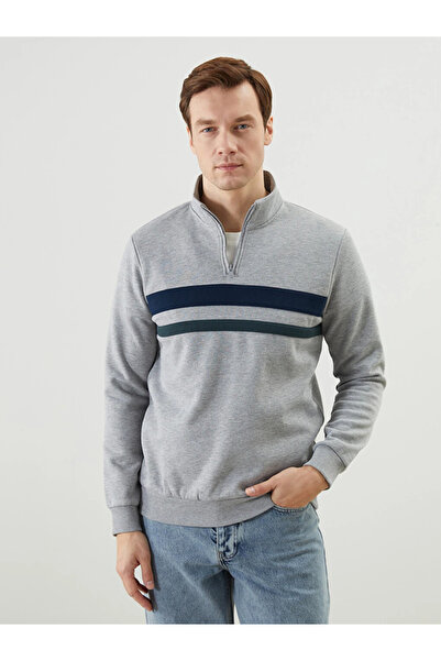 LC Waikiki Gray Stand Collar Long Sleeve Striped Men's Sweatshirt