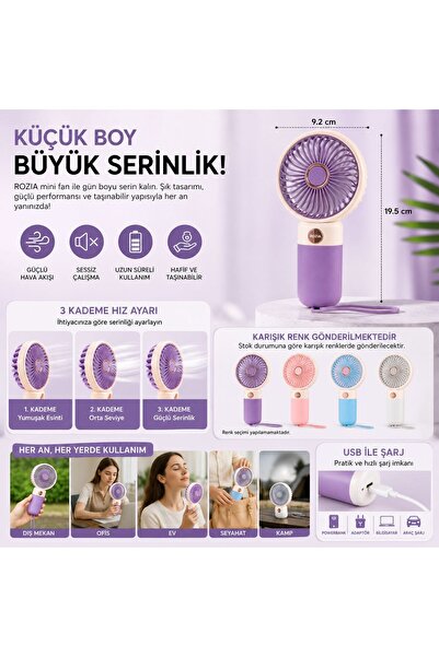 ROZIA USB Şarjlı Mini El Vantilatörü Taşınabilir Masaüstü Fan 3 Kademeli Sessiz Soğutucu - KARIŞIK RENK