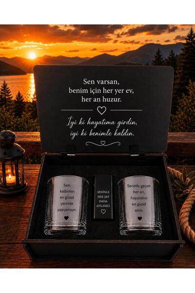 Eşe Özel Romantik Hediye Seti – Viski Bardağı, Çakmak ve Ahşap Görünümlü Premium Kutu