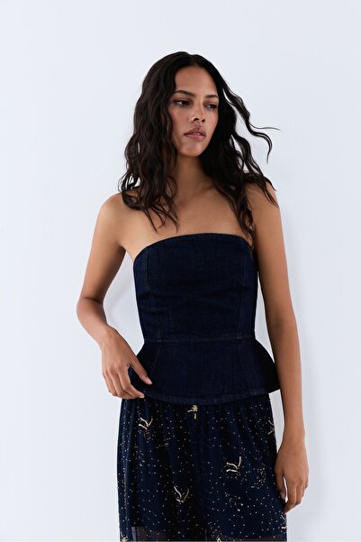 LEFTIES Denim peplum straplez bluz