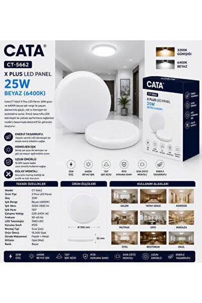 Cata CT-5662 X Plus LED Panel 25W Beyaz 6400K Sıva Üstü Yuvarlak LED Armatür