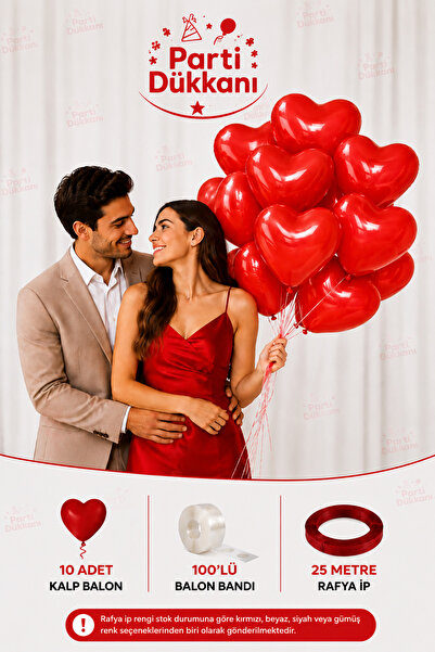 Parti Dükkanı 10 Adet Kırmızı Kalp Balon Seti Helyum Uyumlu – 100’lü Balon Ba...