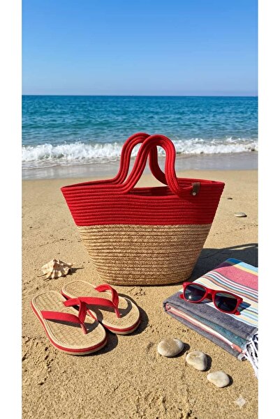 lady special Short Handle Straw Bag Red & Mink