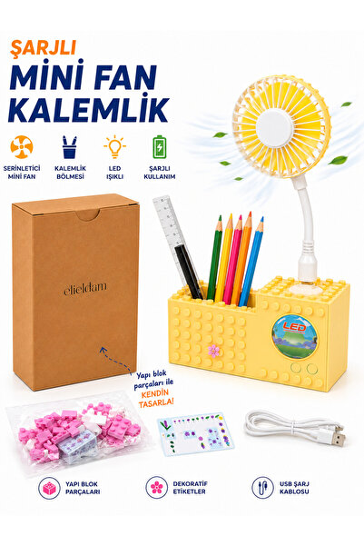 elieldam Şarjlı Mini USB Fan Kalemlik LED Işıklı Yapı Bloklu Masaüstü Fan Leg...