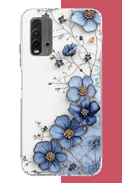 Aksesuarist Redmi 9T-POCO M3 Uyumlu mavi çiçek UV Baskılı Silikon Kılıf