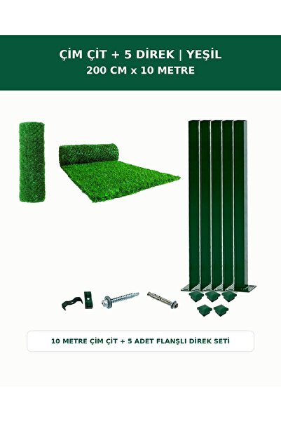 Çimçit + 5 Direk 200cm Yükseklik 10 Metre Uzunluk Yeşil Renk