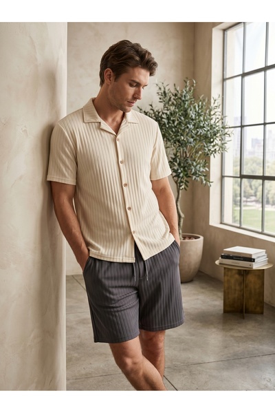 Altamira Men's Summer Short Sleeve Shirt Shorts Set Bebe Beige-Grey