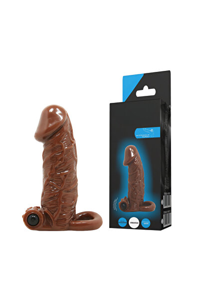 Titreşimli Uzatmalı Damarlı Kahverengi Ultra Realistik TPR Penis Kılıfı 15 Cm