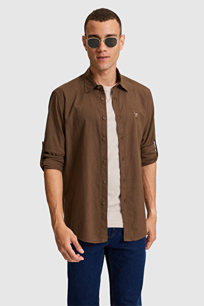 U.S. Polo Assn. Men's Linen Blend Brown Long Sleeve Basic Shirt 50320262-Vr029