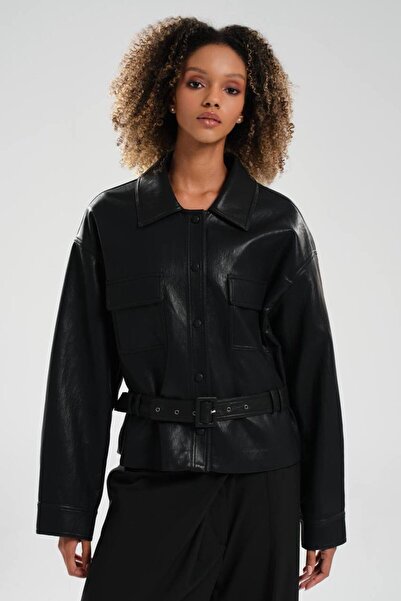 tw3 Women's Faux Leather Belt Detailed Design Jacket