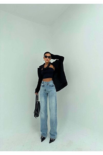 HerTon High Waist Cross Button Cotton Jeans