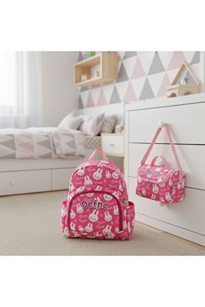 Hevi Kids HeviKids Kişiye Özel İsimli 2'li Çocuk Çanta Seti - Pembe Tavşan