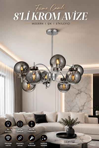 Elvora Home Modern (PREMİUM) Füme Camlı 8'li Sarkıt Avize Krom Gövdeli Dekora...