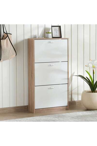 PAN HOME DISSET SHOE RACK 12 PAIRS WITH 3 DRAWER - WHITE & NATURAL