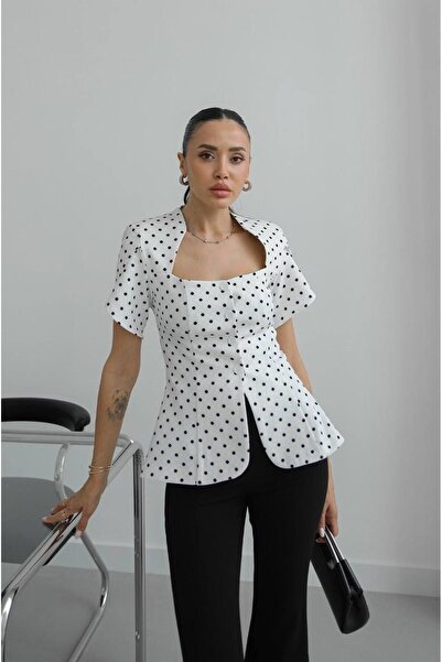 candybia Women's Zra Model Buttoned Polka Dot Square Neck Blouse