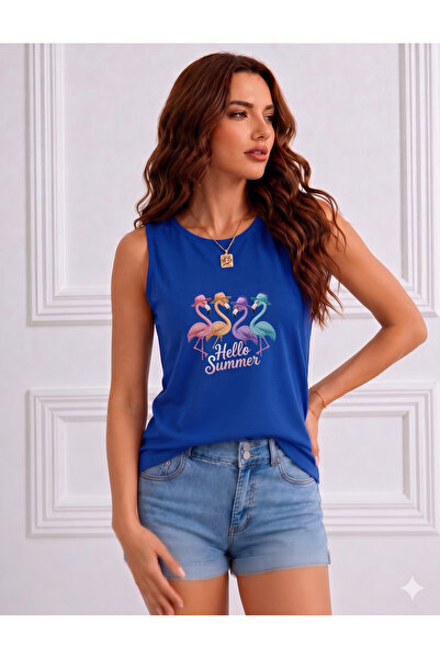 FAVORİST Flamingo Printed Women's (Off Shoulder) Sleeveless T-Shirt with Straps