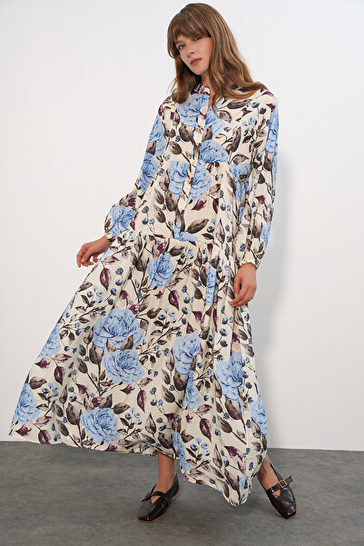 Merterium Women's Lilyum Fabric Long Hijab Dress 1513 - Light Blue