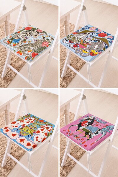 Home Set of 4 Colorful Animal and Flower Patterned Lace-Up Chair Cushions