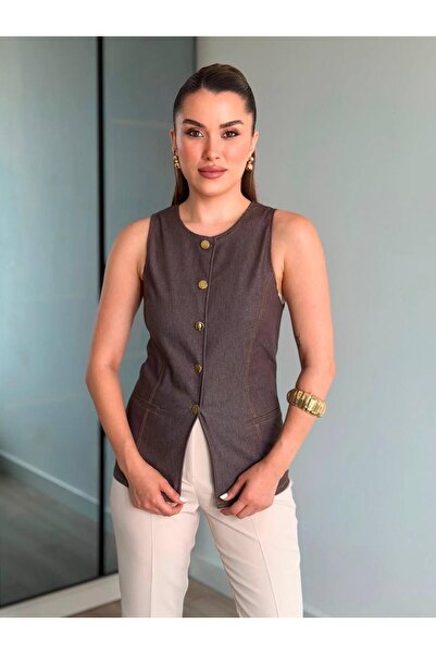 candybia Women's Zra Model Tensel Fabric Buttoned Vest