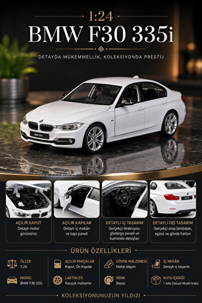 craftivio 1:24 BMW F30 335i Beyaz Diecast Metal Model Araba Açılır Kapı ve Kaput