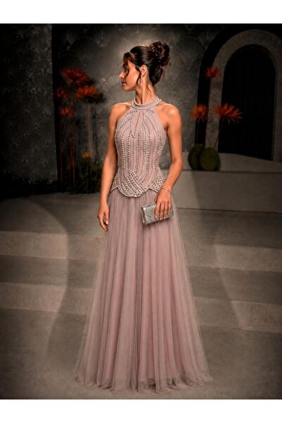 led style Long Tulle Muff Halter Neckline Beaded Pearls Evening Dress