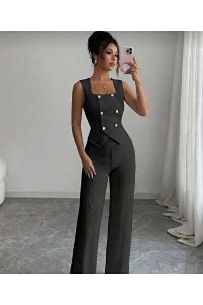 buğrahayalin Women's Button Detail Vest and Wide Leg Pants Wrinkled Fabric Tw...
