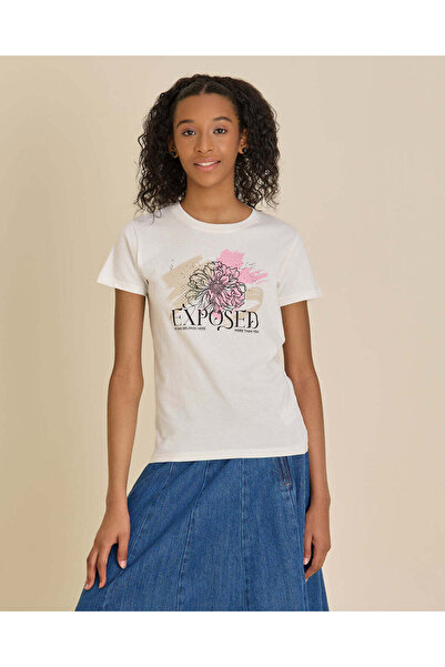 REDTAG Senior Girls White Printed Basic T-shirt