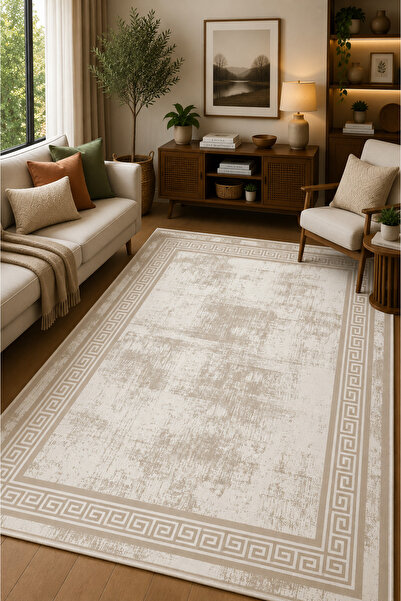NORELLAHOME Bej Çerçeve Desenli Kaymaz Taban Yıkanabilir Halı Modern Salon Ha...