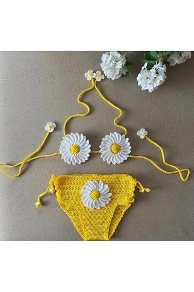 Papatya Motifli Örgü Bebek Bikini Takımı - %100 El Emeği Tığ İşi Sarı Çocuk Mayosu