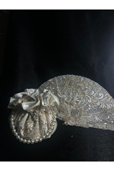 Bridal Luxe Gold Bridal Bag and Fan with Pearl and Stone Details