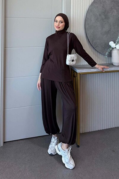 Şulemoda Giyim Tie-Back Combed Cotton Suit Brown