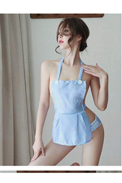 NOOR STUDIO Sexy Blue Gingham Halter Apron Style Hollow Out Intimate Bedroom ...
