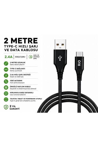 Rio Bükülmeye Dayanıklı 2 Metre Type-C Hızlı Şarj ve Data Kablosu Örgülü Nayl...