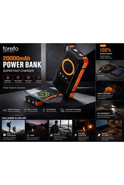ABRAXTECH 20000mAh Kablosuz Şarjlı Powerbank – Dahili Kablolu Hızlı Şarj Ciha...
