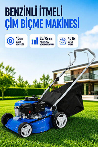 Badem10 Benzinli İtmeli Çim Biçme Makinesi Makinası 130CC 40cm Kesim 45 Lt Se...