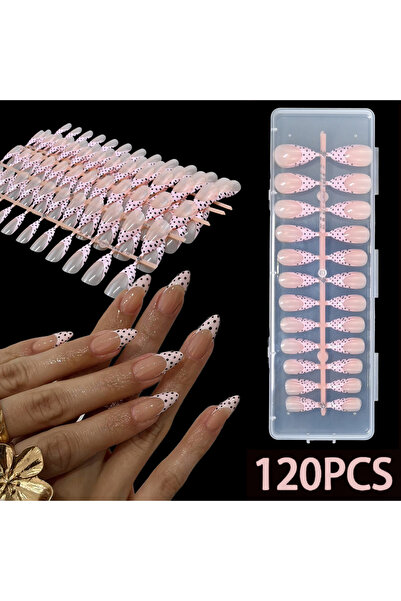 Choice L47(XY996) 120Pcs medium-long nude almond polka dot press-on nails, gl...
