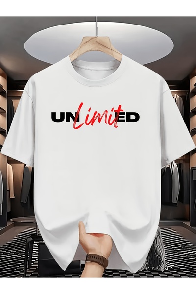 NOURAM قميص عصري بأكمام قصيرة مطبوع عليه "UNLIMITED" يجسد أسلوبًا عصريًا، مثا...