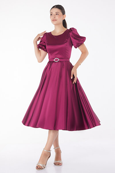 TOFİSA Plain Medium Women's Fusya Sleeve Elasticated Kermed Dress - 25102