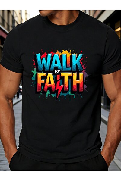 NOURAM تي شيرت رجالي ملون بتصميم الجرافيتي مع عبارة "Walk by Faith" الملهمة، ...