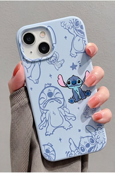 KVK PRİVACY iPhone 13/14/15 Uyumlu Stitch Desenli Bebe Mavi Kadifemsi Soft To...