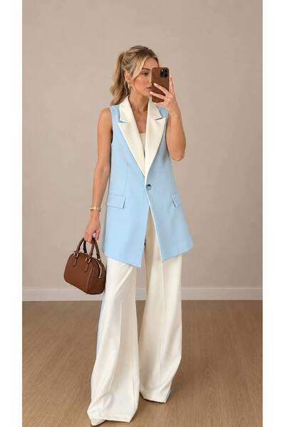 EFSUN MODA Set de damă: vestă cu garnituri, pantaloni palazzo, vestă lungă, t...