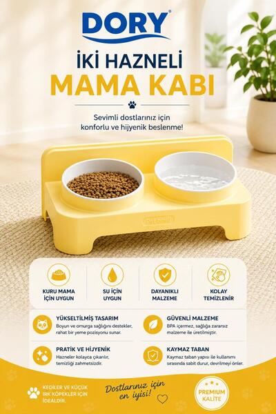 Dory İki Hazneli Mama Kabı Sarı