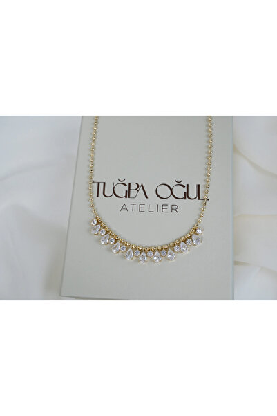 ATELİER TUĞBA Kol519 Stylish Gold Necklace with Drop and Round Zircon Stone Rows