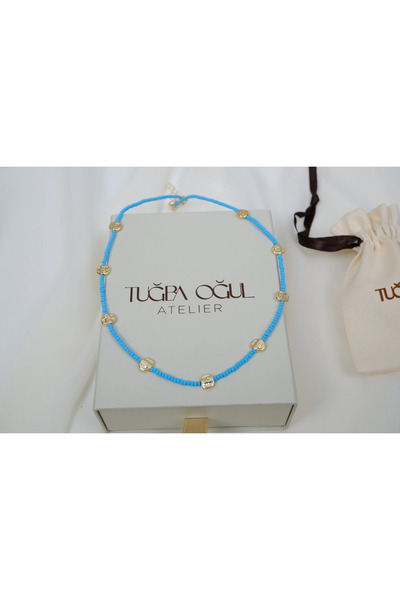 ATELİER TUĞBA Kol397 Turquoise Cord with Sequin Disc Detail Summer Necklace