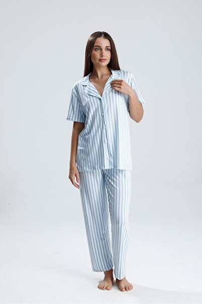 Lahor Secret Women's Milan Fabric Buttoned Collar Patterned Short Sleeve Long...