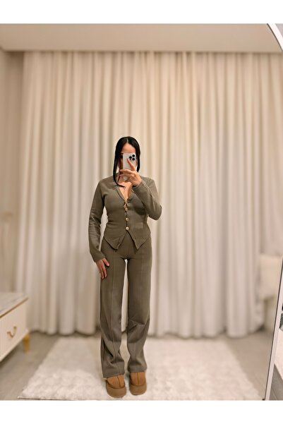 Labien Butik Selanik Kumaş Ön Düğmeli Pantolon Takım – Vizon