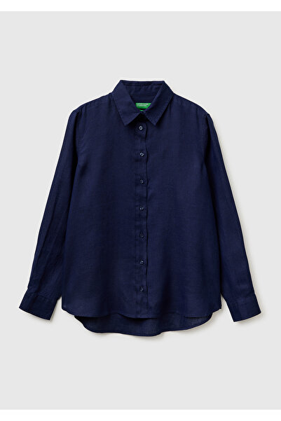 United Colors of Benetton Women's Navy Blue 100% Linen Classic Collar Long Sl...