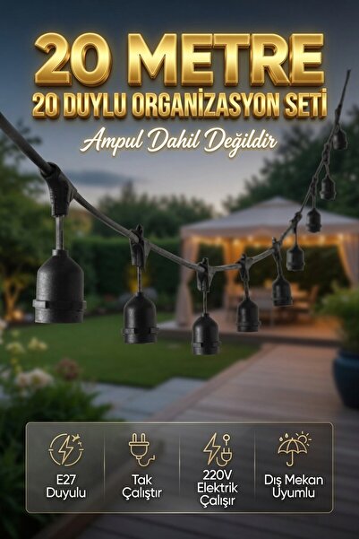 AC AYDINLATMA 20 Metre 20 Duy Organizasyon Seti E27 Dış Mekan Uyumlu 220V Bah...