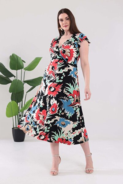 Madwilo Women's Black Beige Floral Pattern Ruffle Sleeve Double Breasted Coll...